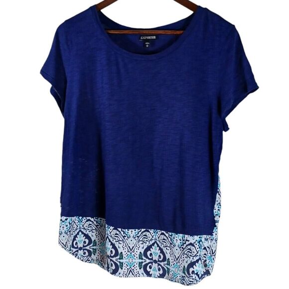 Express Women's Boho Blue Semi Sheer Layered Short Sleeve Ikat Hem Top Size M - Picture 2 of 8